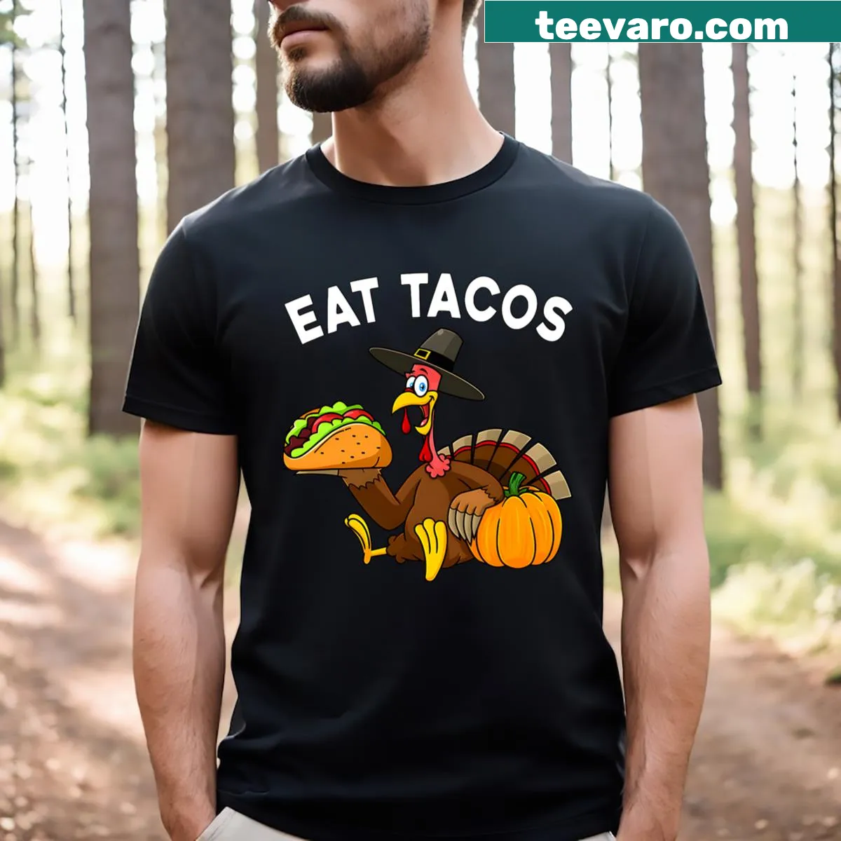 Funny Thanksgiving shirt with turkey and tacos graphic — on a men's t-shirt