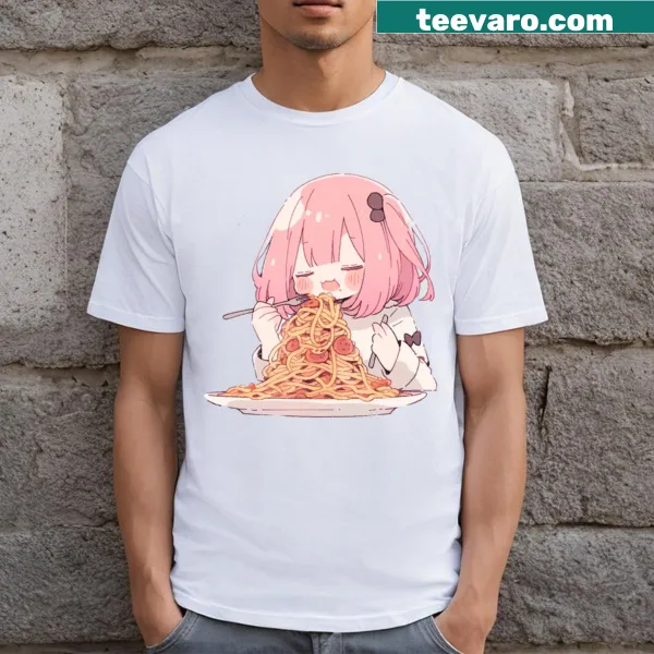 Kawaii t-shirt featuring a girl happily eating spaghetti