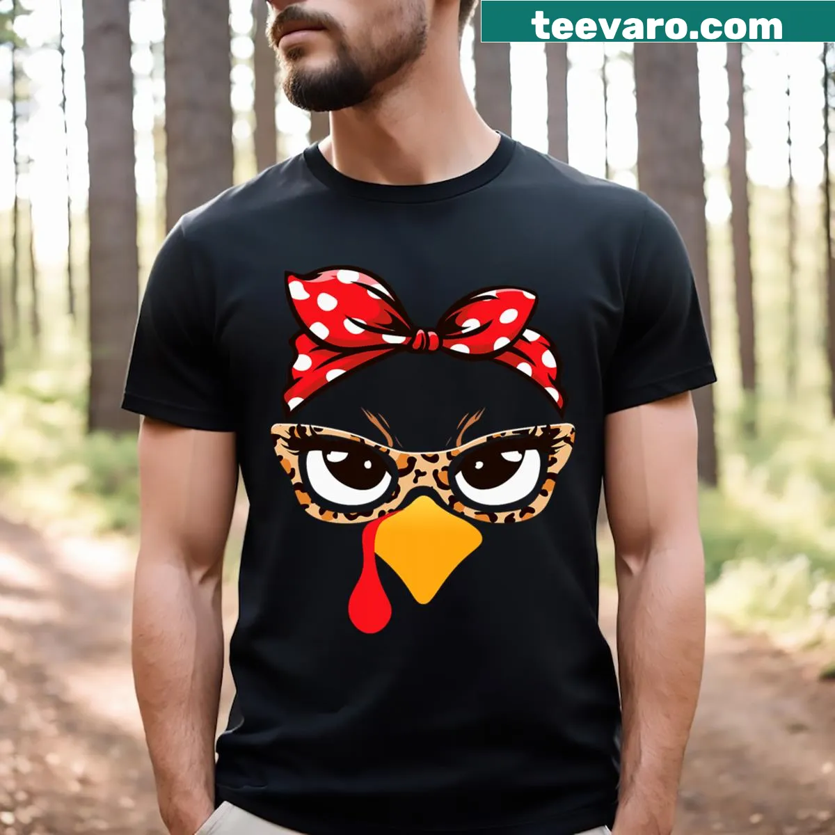 Funny turkey face t-shirt with leopard glasses for Thanksgiving — on a men's t-shirt