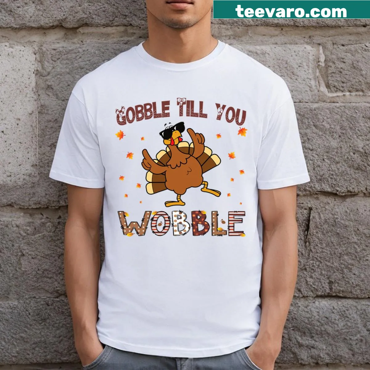 Funny turkey t-shirt for men with 'Gobble Gobble Till You Wobble' text — on a men's t-shirt
