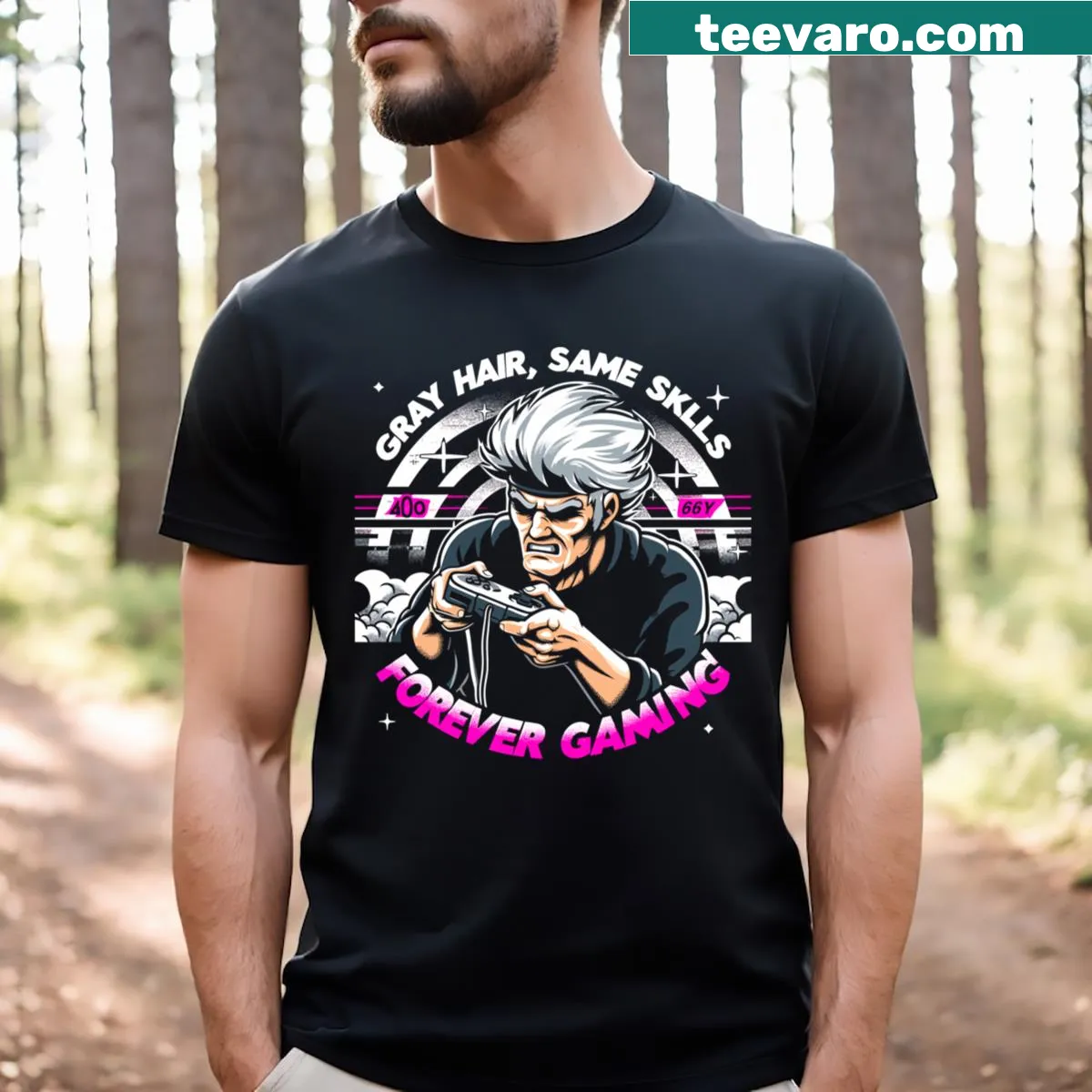 T-shirt with bold text 'Gray Hair Same Skills Forever' for gamers — on a men's t-shirt