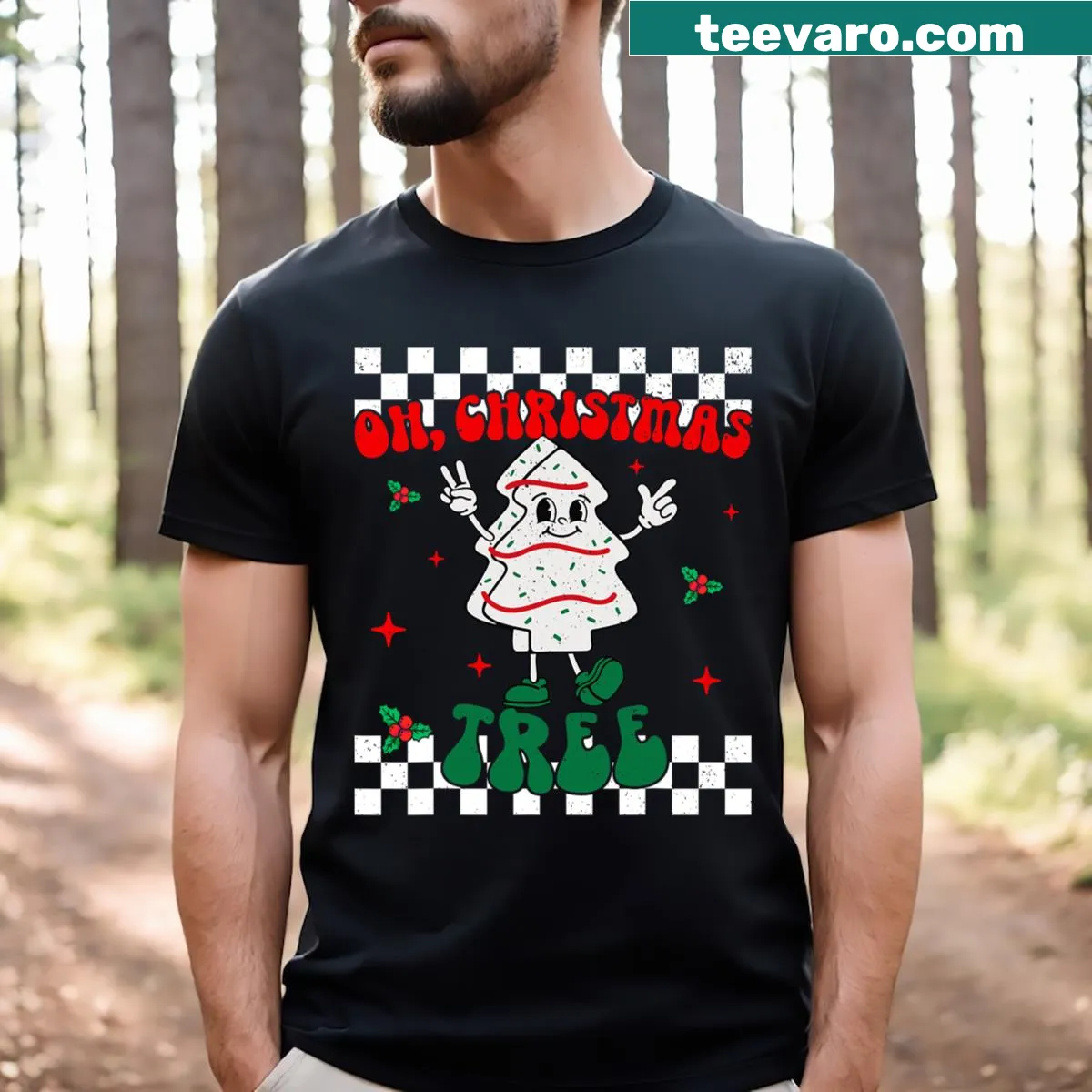 Fun T-shirt featuring Christmas tree cakes with 'Oh Christmas Tree' text — on a men's t-shirt