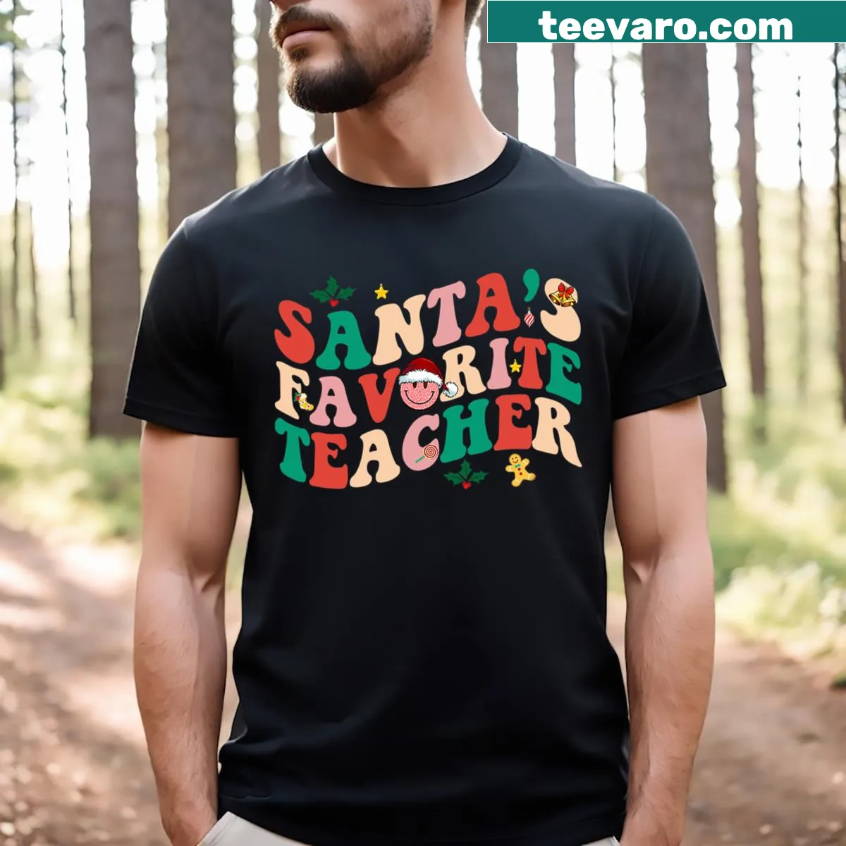 Vintage Santa's Favorite Teacher t-shirt with playful graphic — on a men's t-shirt