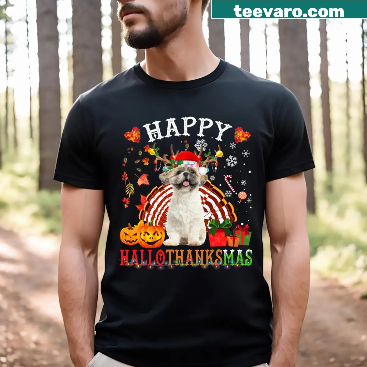 Shih Tzu-themed T-shirt combining Halloween, Thanksgiving, and Christmas — on a men's t-shirt