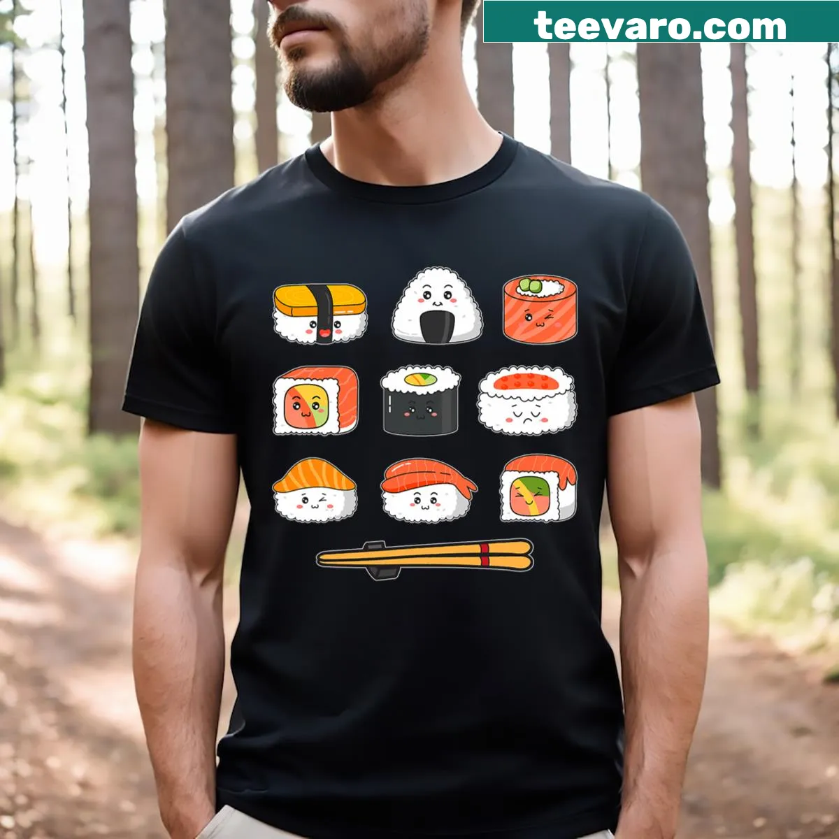 Kawaii sushi t-shirt featuring cute anime-style sushi characters — on a men's t-shirt