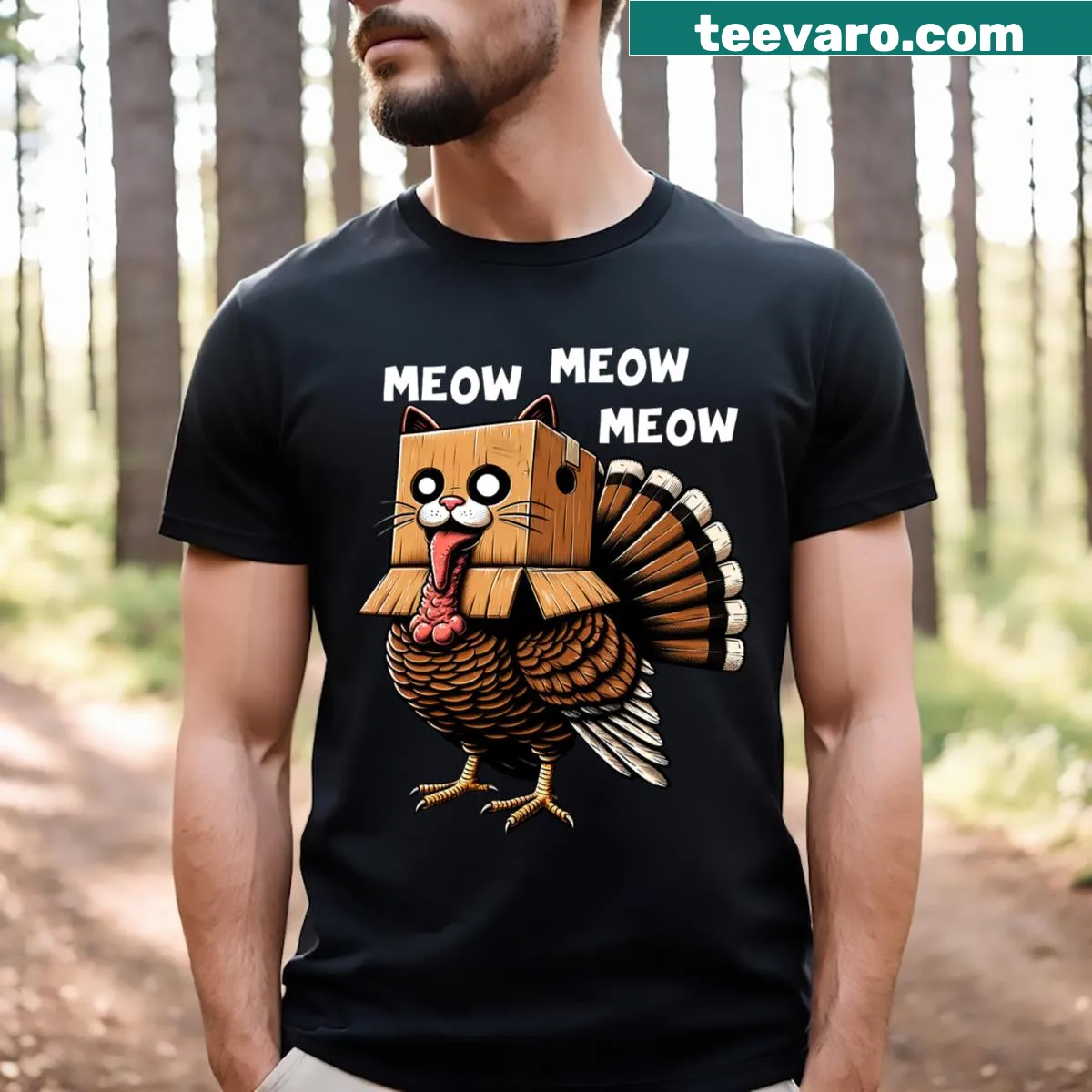 Funny turkey design for cat lovers celebrating Thanksgiving — on a men's t-shirt
