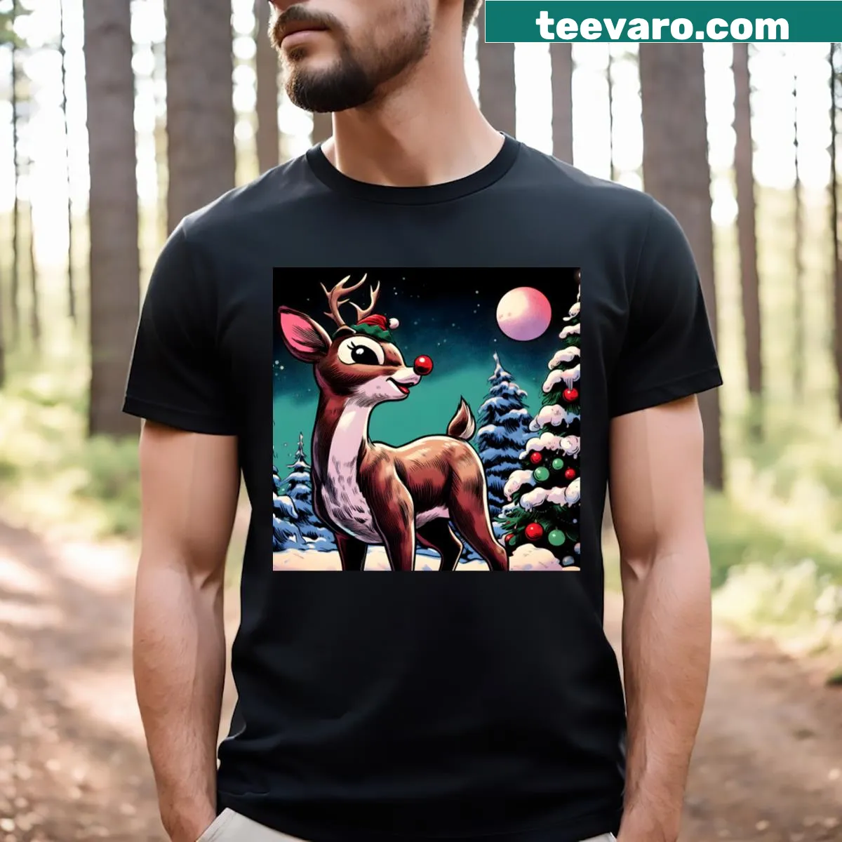Whimsical Rudolph the Red-Nosed Reindeer graphic Christmas t-shirt — on a men's t-shirt
