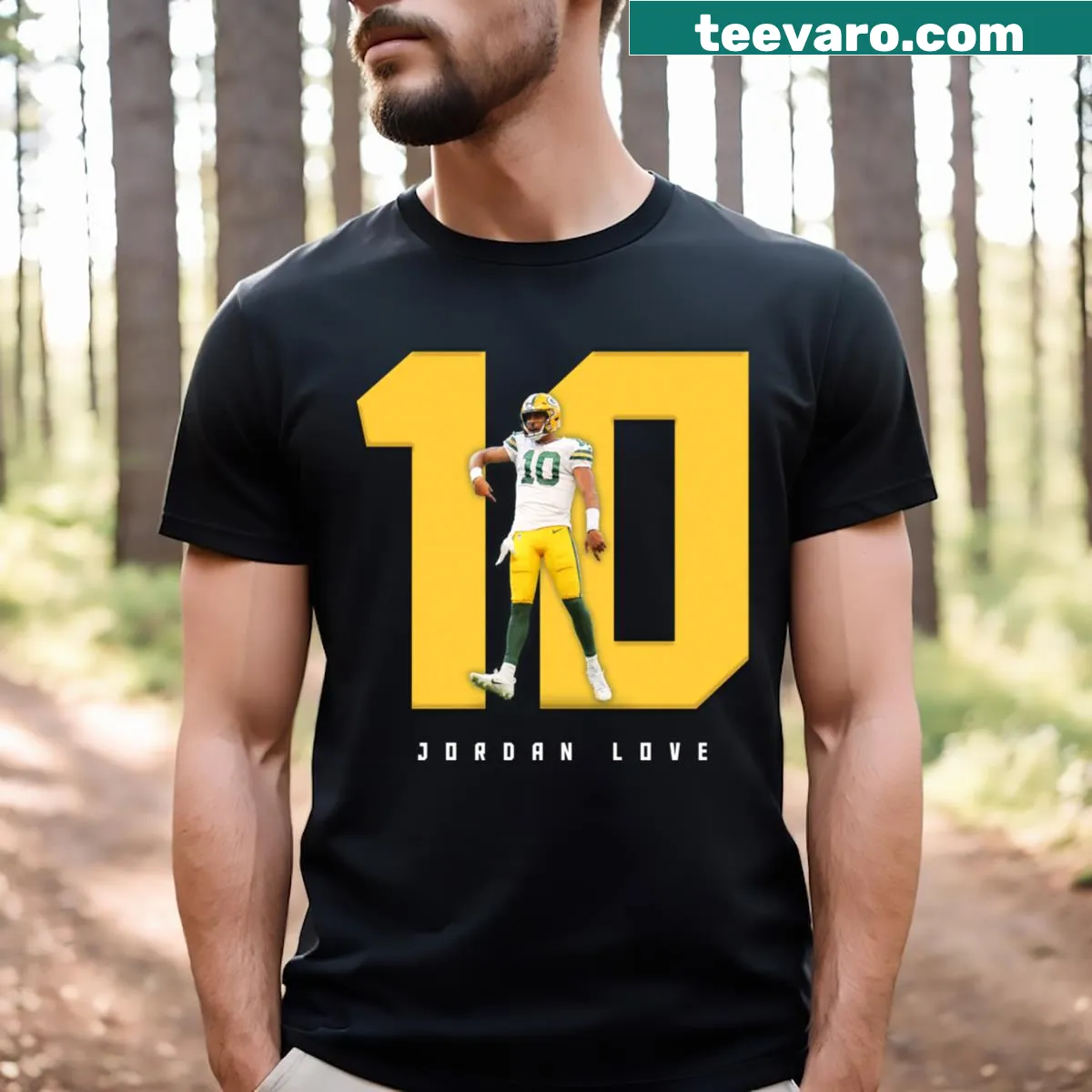 Graphic tee featuring the name Jordan Love prominently on the chest. — on a men's t-shirt