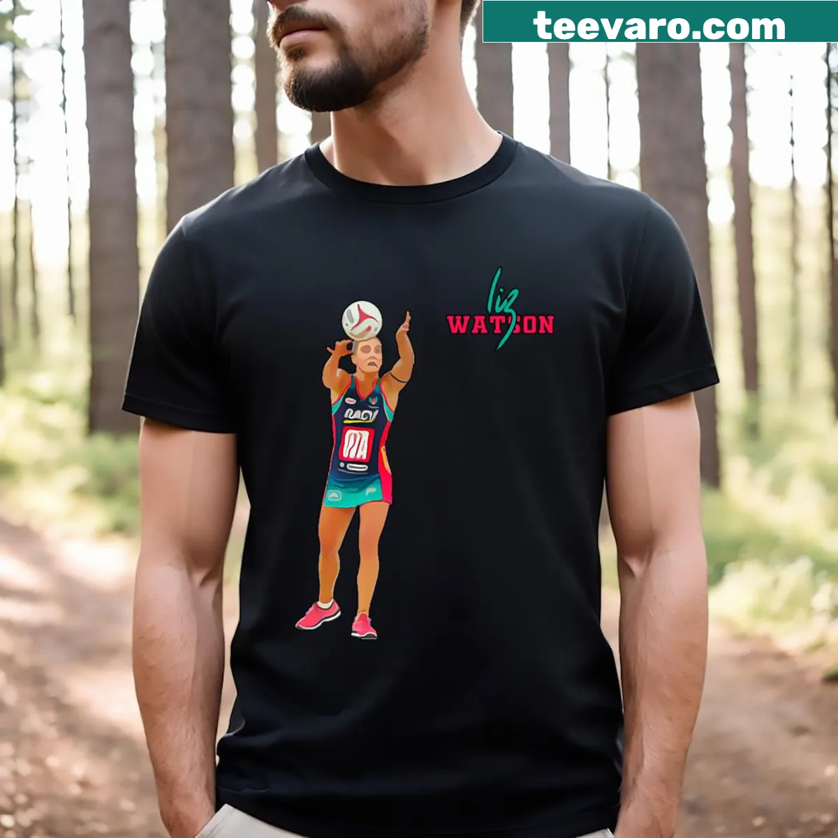 Tribute graphic honoring Australian netball player Liz Watson — on a men's t-shirt