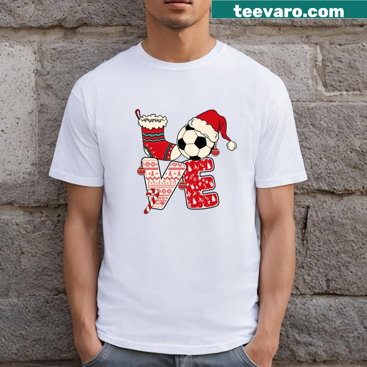 Christmas T-shirt for soccer lovers with heartfelt design — on a men's t-shirt
