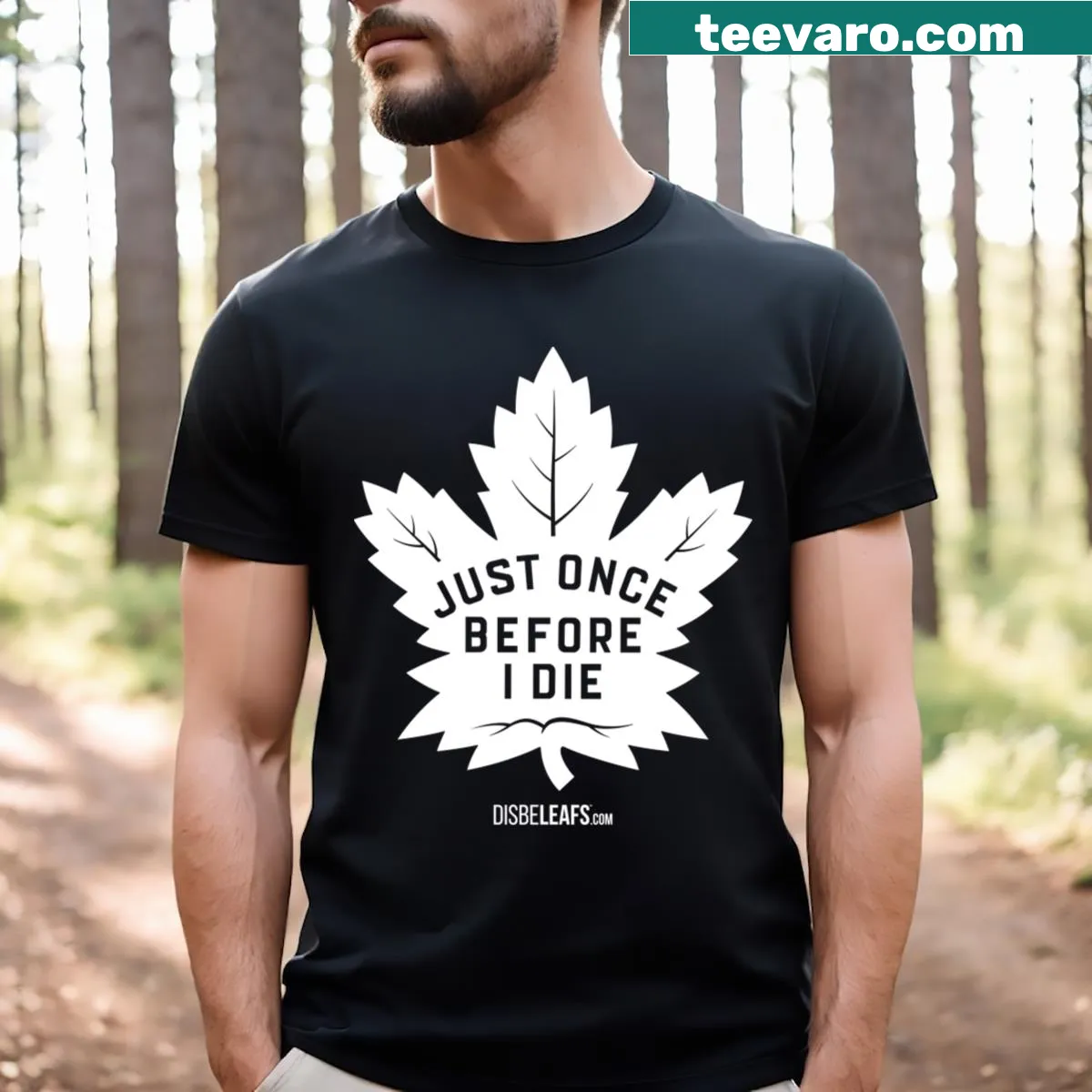 Dark t-shirt featuring 'Maple Leafs Just Once' graphic — on a men's t-shirt