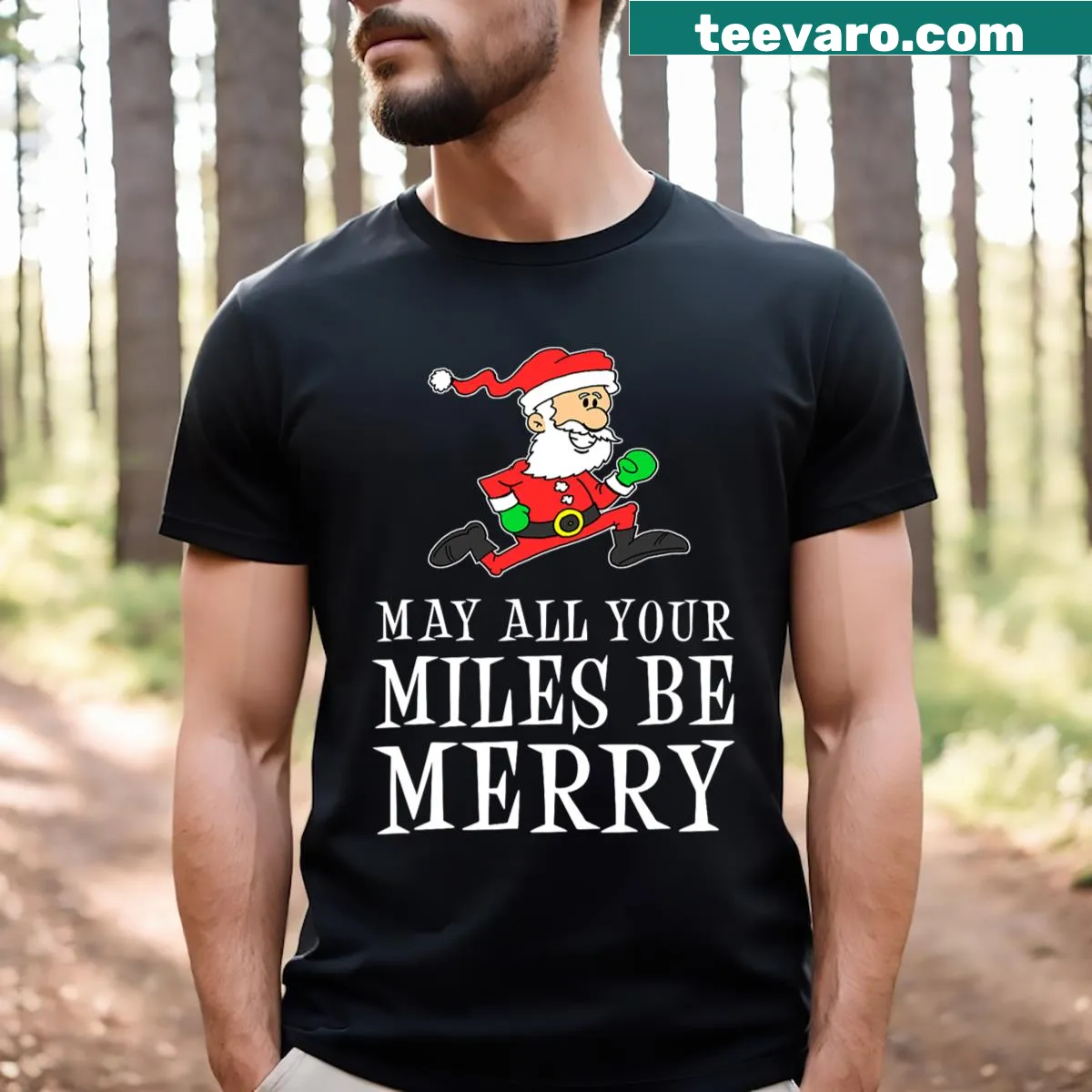 Cartoon t-shirt with Santa running and holiday messages — on a men's t-shirt
