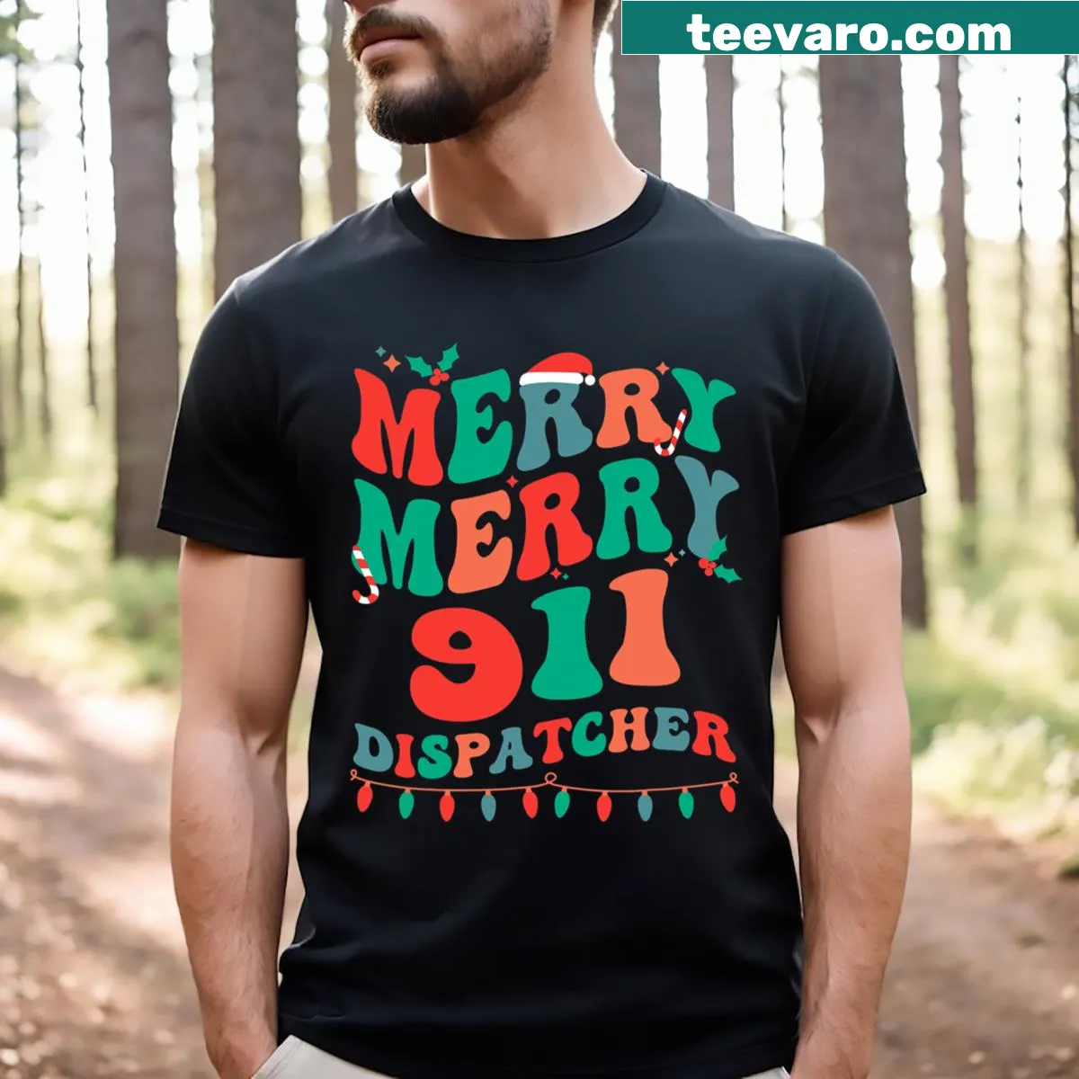 Christmas t-shirt for 911 dispatchers with festive text — on a men's t-shirt