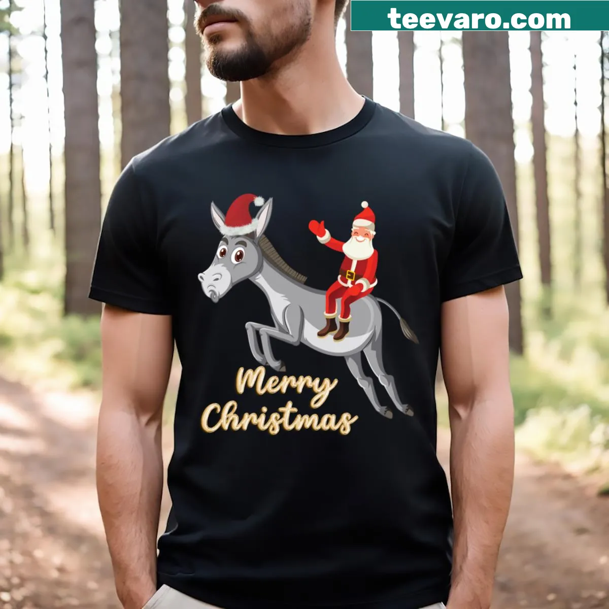 Funny Christmas T-shirt with donkey dressed as Santa Claus — on a men's t-shirt