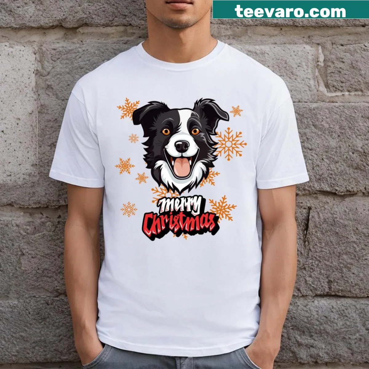 Christmas t-shirt featuring a happy dog face design — on a men's t-shirt