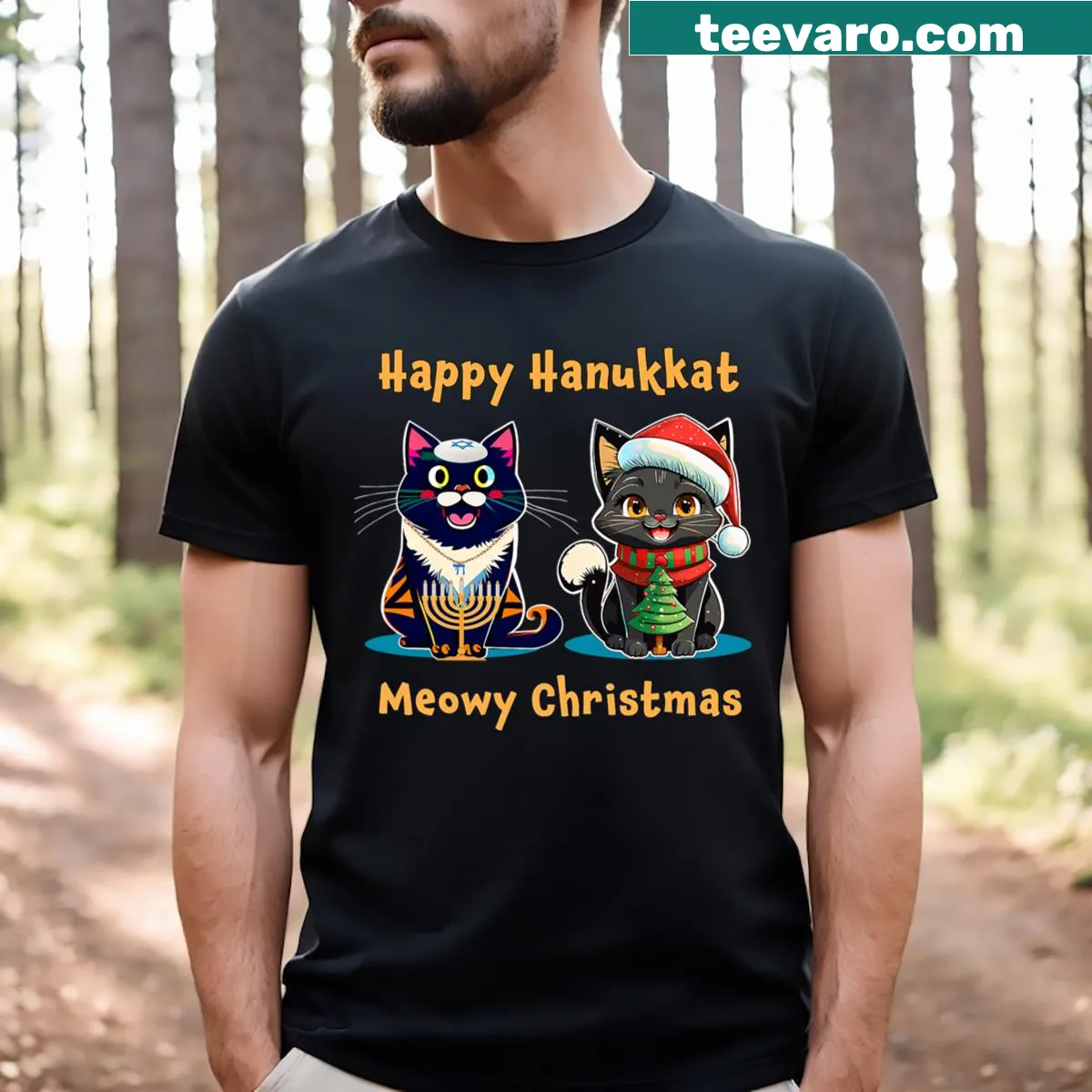 Inclusive Christmas and Hanukkah T-shirt for cat lovers — on a men's t-shirt
