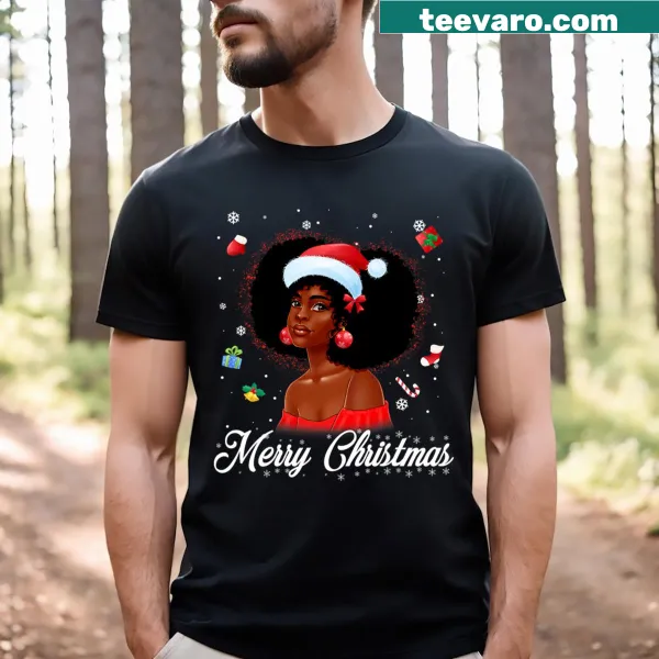 Diverse Merry Christmas Santa T-shirt featuring Black girl illustration