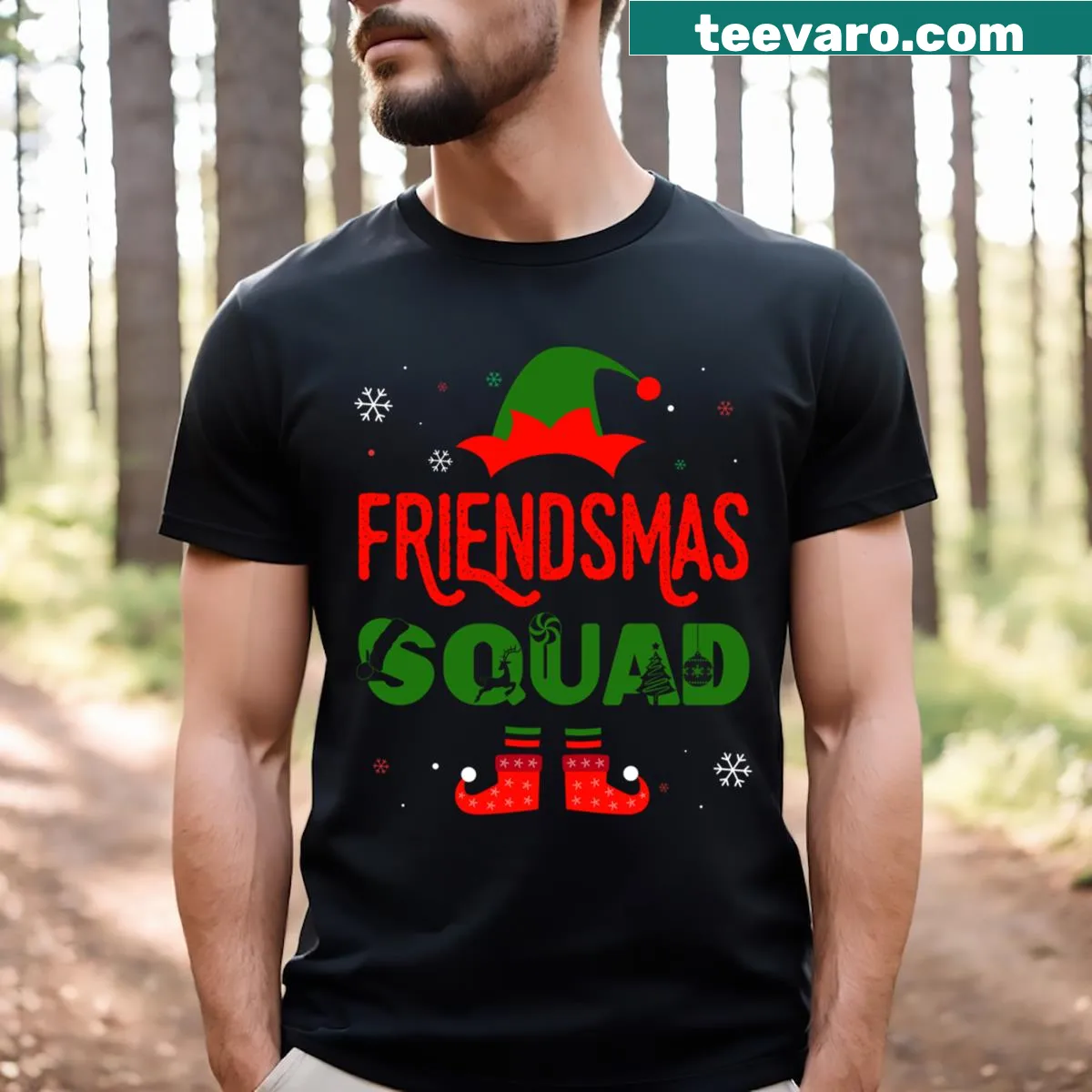 Funny Christmas elves graphic T-shirt — on a men's t-shirt