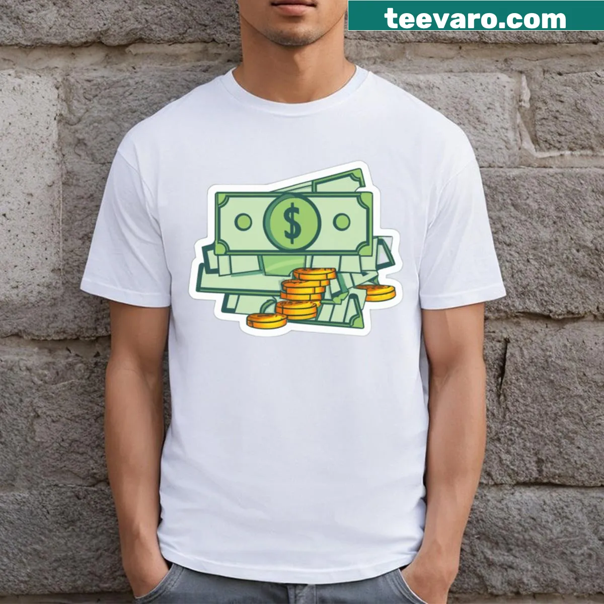 T-shirt featuring a whimsical dollar bills graphic — on a men's t-shirt