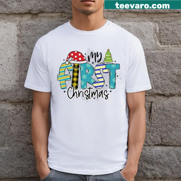 Cute My First Christmas t-shirt featuring whimsical typography