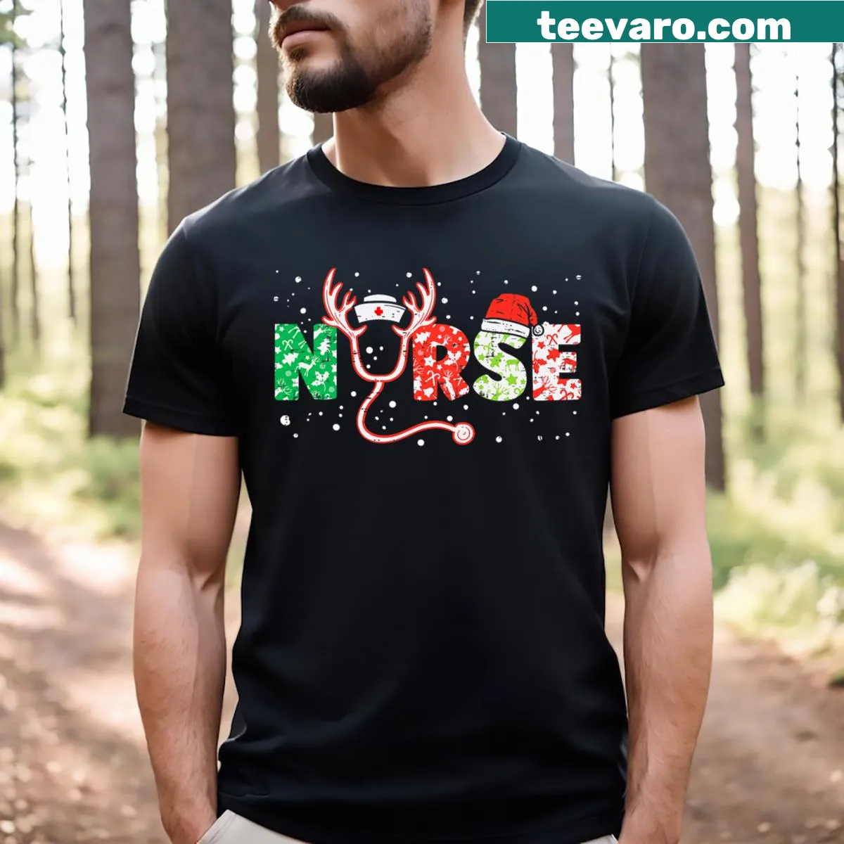 Christmas T-shirt featuring a stethoscope and festive elements — on a men's t-shirt