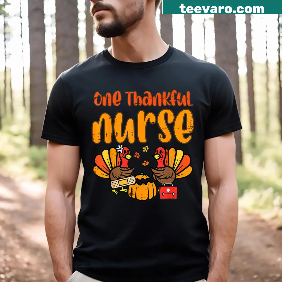 Thanksgiving T-shirt featuring turkey and Thankful Nurse text — on a men's t-shirt