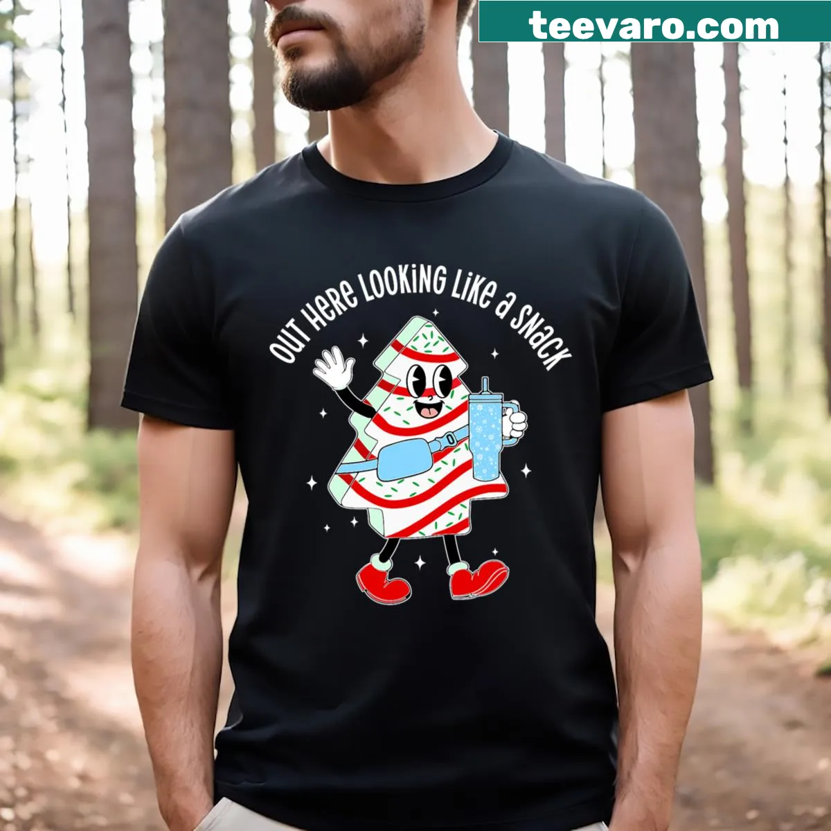 Whimsical Christmas tree cake design for holiday fun. — on a men's t-shirt