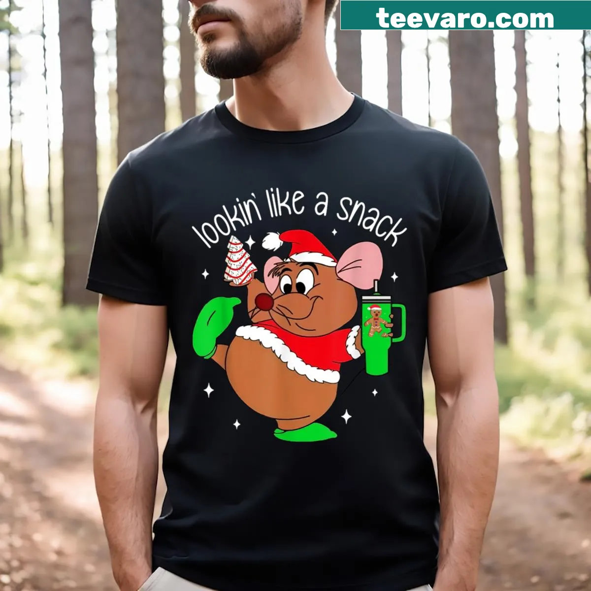 Cartoon mouse Christmas t-shirt with funny snack phrase — on a men's t-shirt