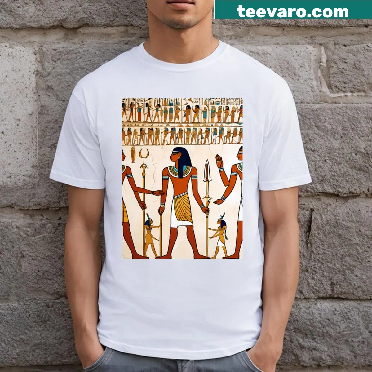 Egyptian art-inspired digital design T-shirt — on a men's t-shirt