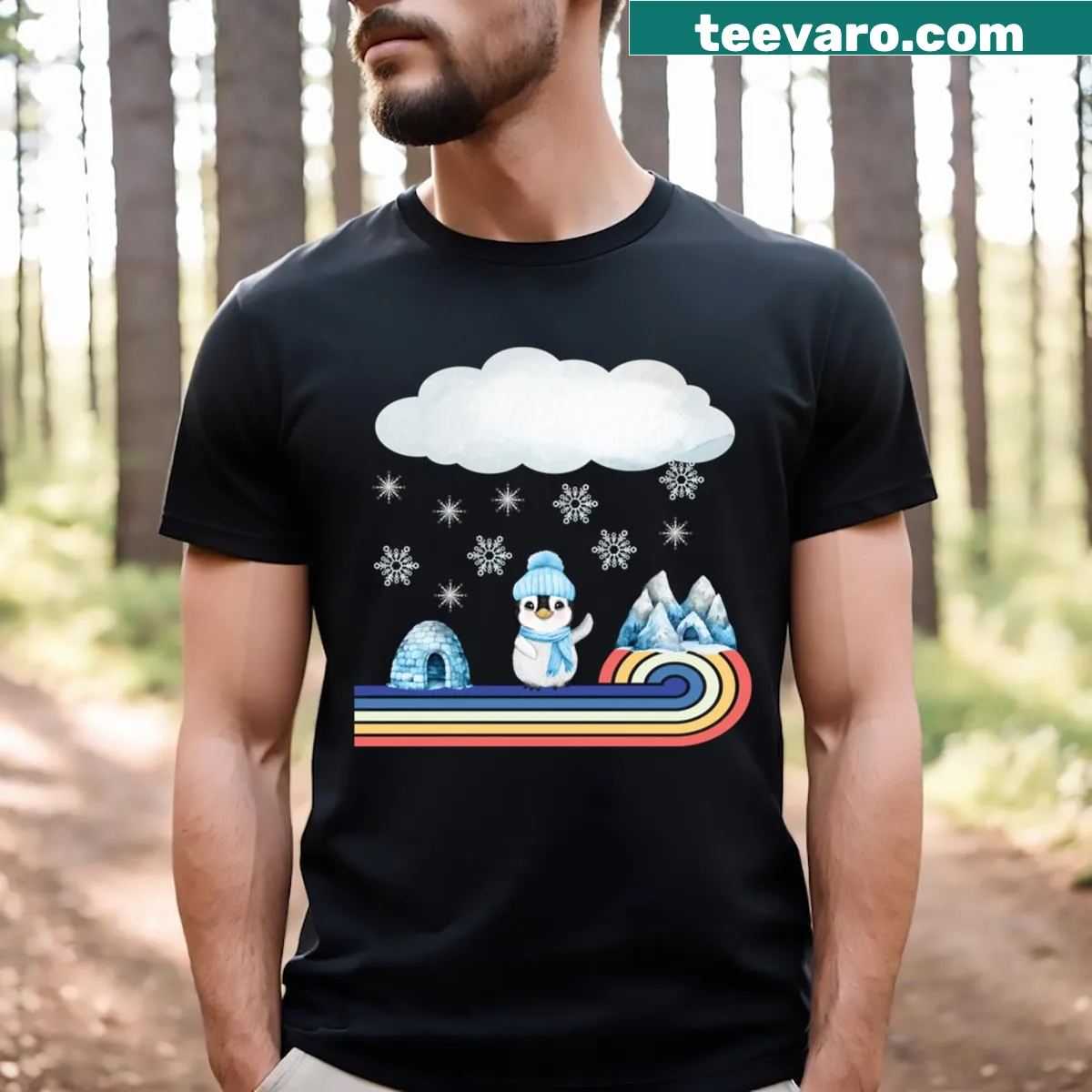 Cheerful penguin winter t-shirt with positive message — on a men's t-shirt