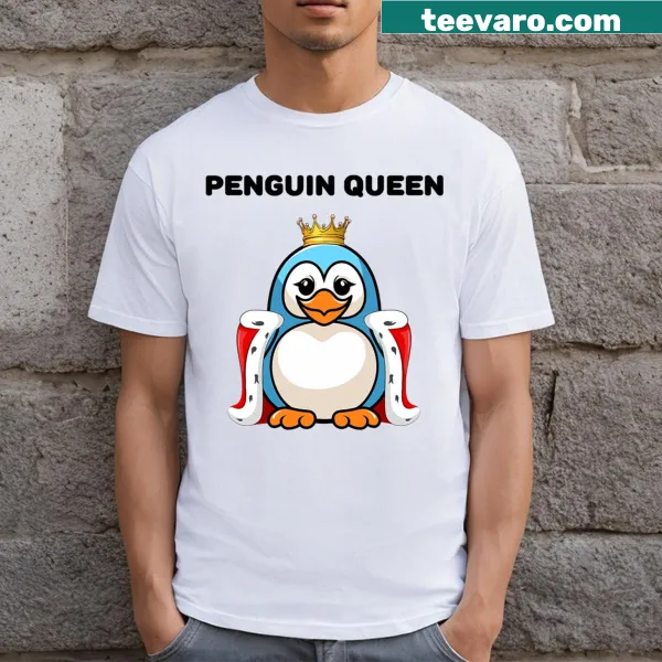 Cartoon penguin wearing a crown on a humorous T-shirt