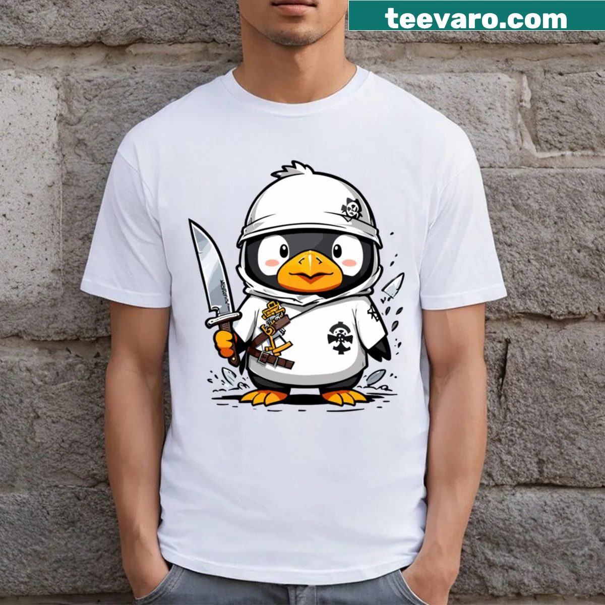 T-shirt featuring a playful pirate penguin graphic. — on a men's t-shirt
