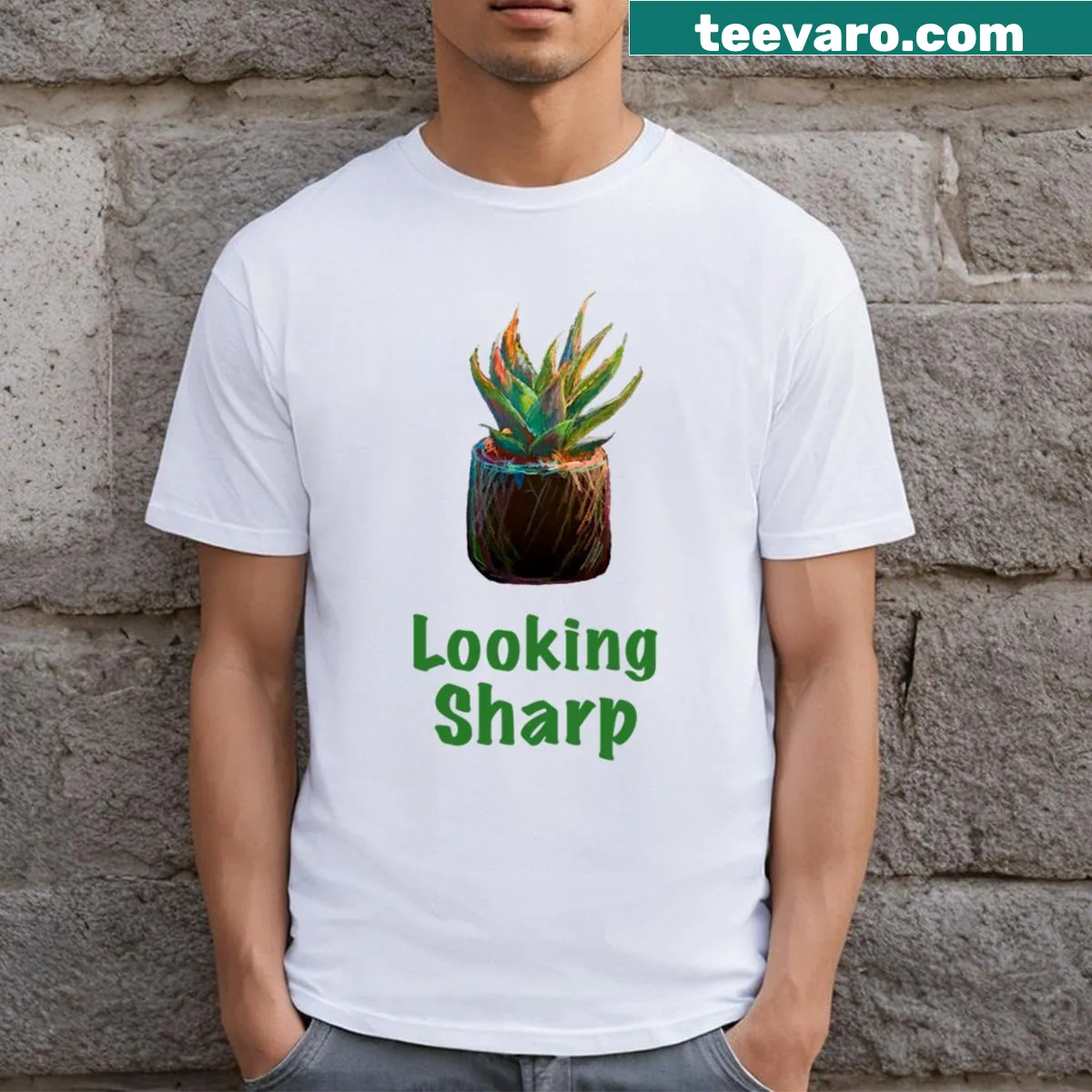 Cute cactus illustration on a kids and adult t-shirt with 'Looking Sharp' text — on a men's t-shirt