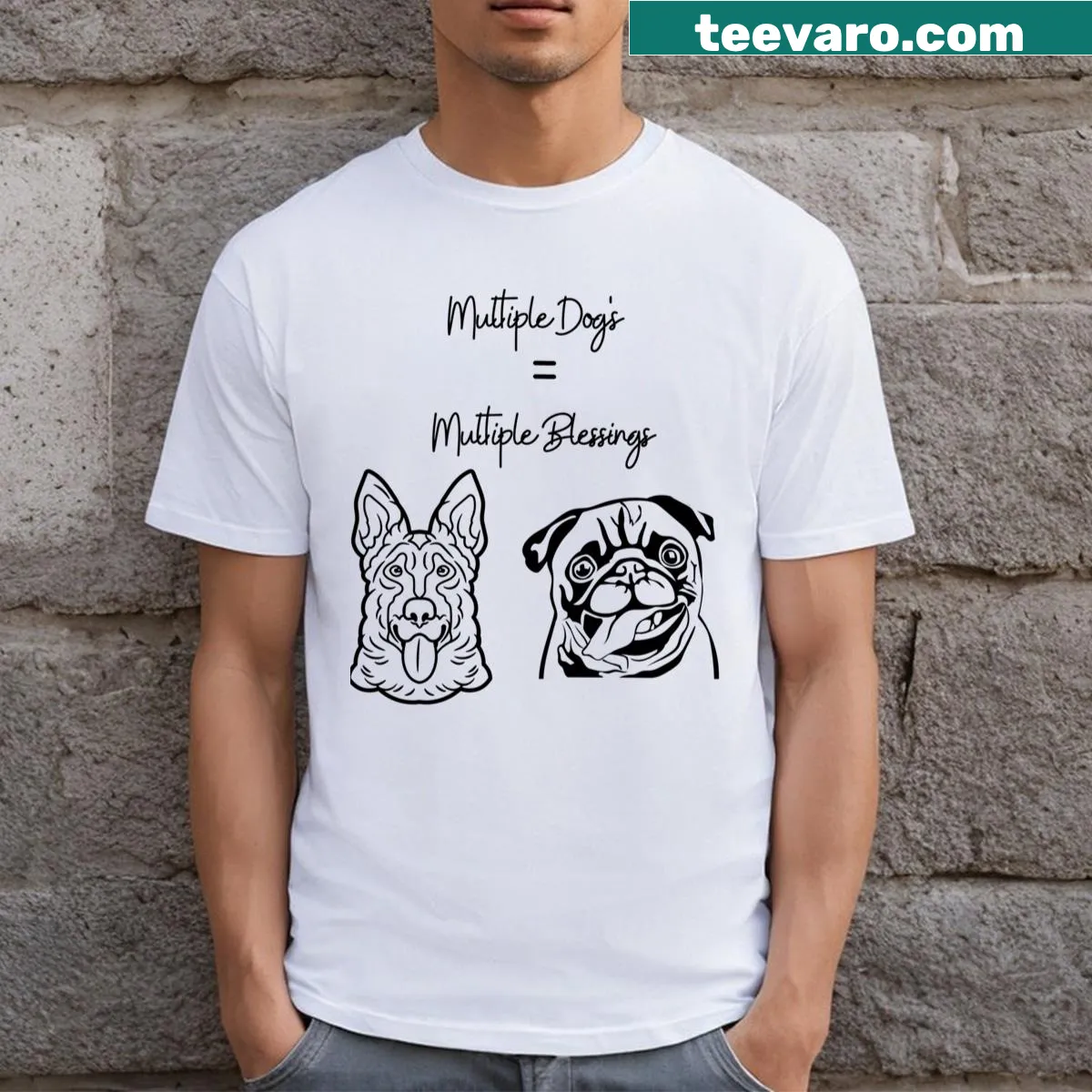 Cute T-shirt featuring a pug and shepherd illustration — on a men's t-shirt