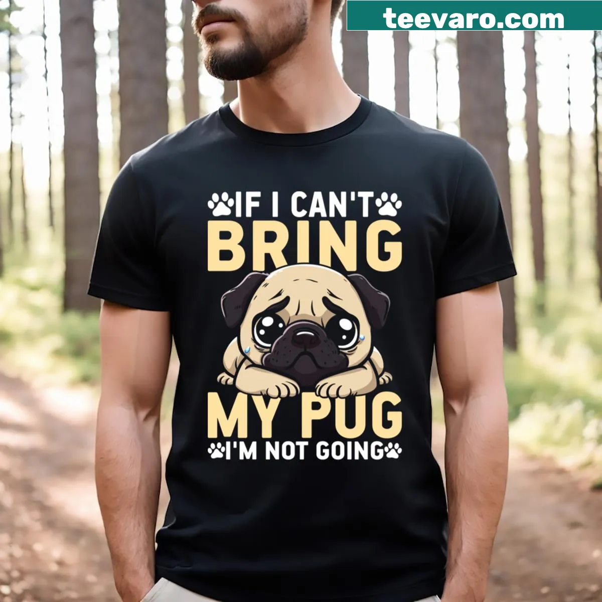 Illustration of a pug with text 'Bring My Pug' on a T-shirt — on a men's t-shirt