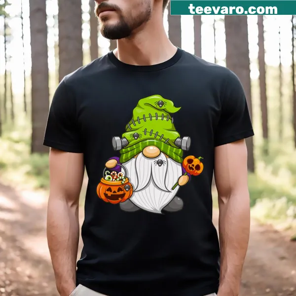 Whimsical Halloween gnome design featuring Jack O' Lantern and Frankenstein