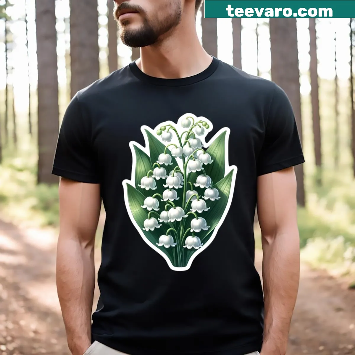 Illustrated T-shirt featuring a Lily Of The Valley design — on a men's t-shirt