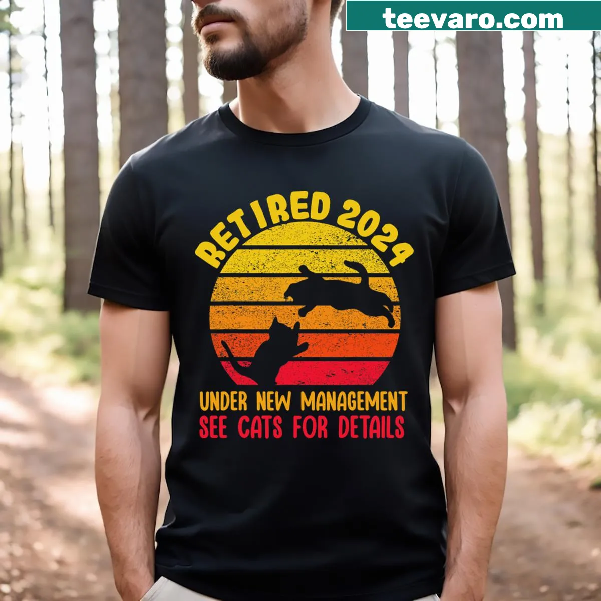 Cartoon cat costume retirement T-shirt with 2024 design — on a men's t-shirt