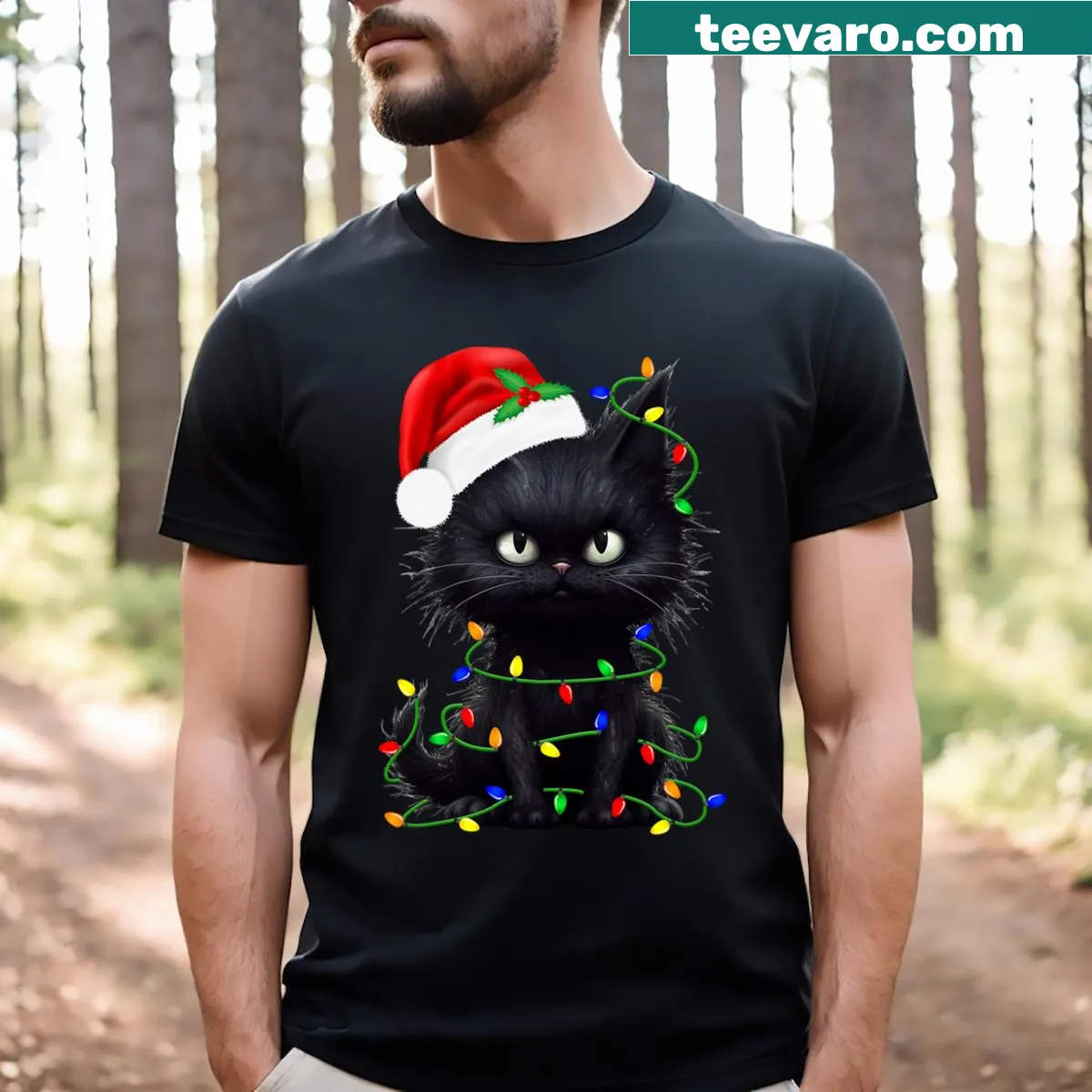 Funny retro black cat with Christmas lights T-shirt — on a men's t-shirt