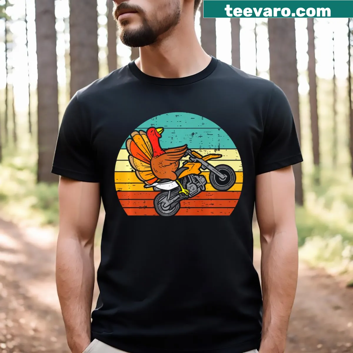 Retro turkey on dirt bike Thanksgiving T-shirt — on a men's t-shirt