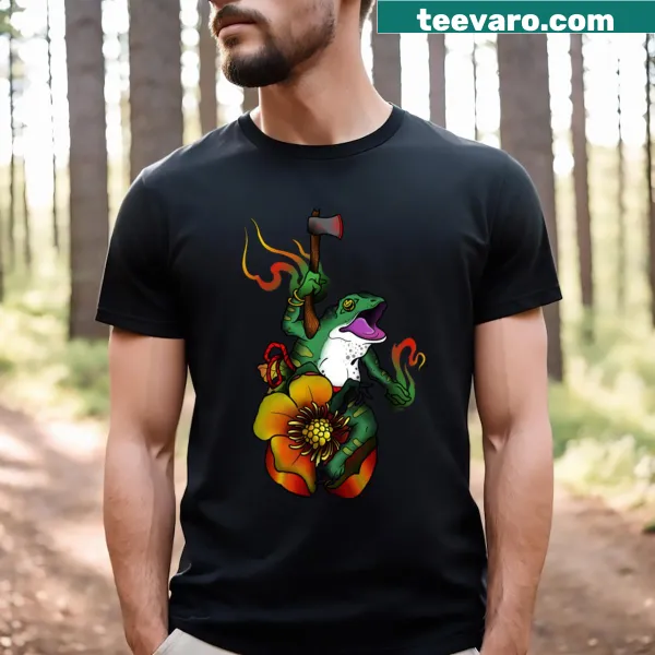 Playful Ribbit Wars t-shirt featuring cartoon frogs in battle