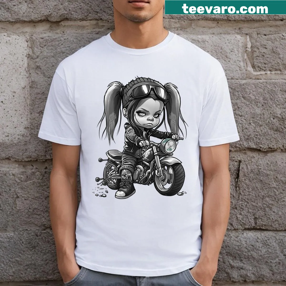 Vintage biker girl t-shirt with bold black and white graphics — on a men's t-shirt