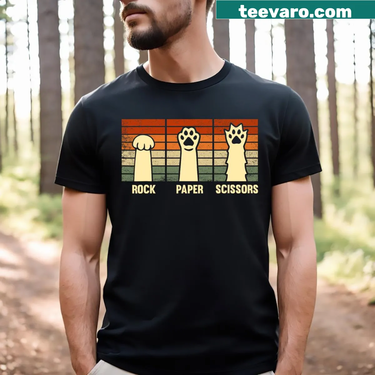 Cartoon cat paws illustrating rock, paper, scissors on a t-shirt — on a men's t-shirt