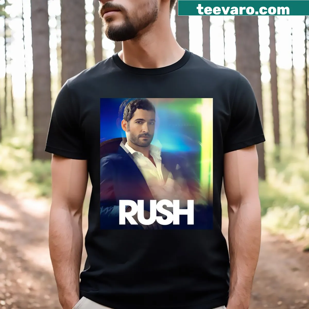 Rock-themed shirt featuring the name Rush in bold typography — on a men's t-shirt