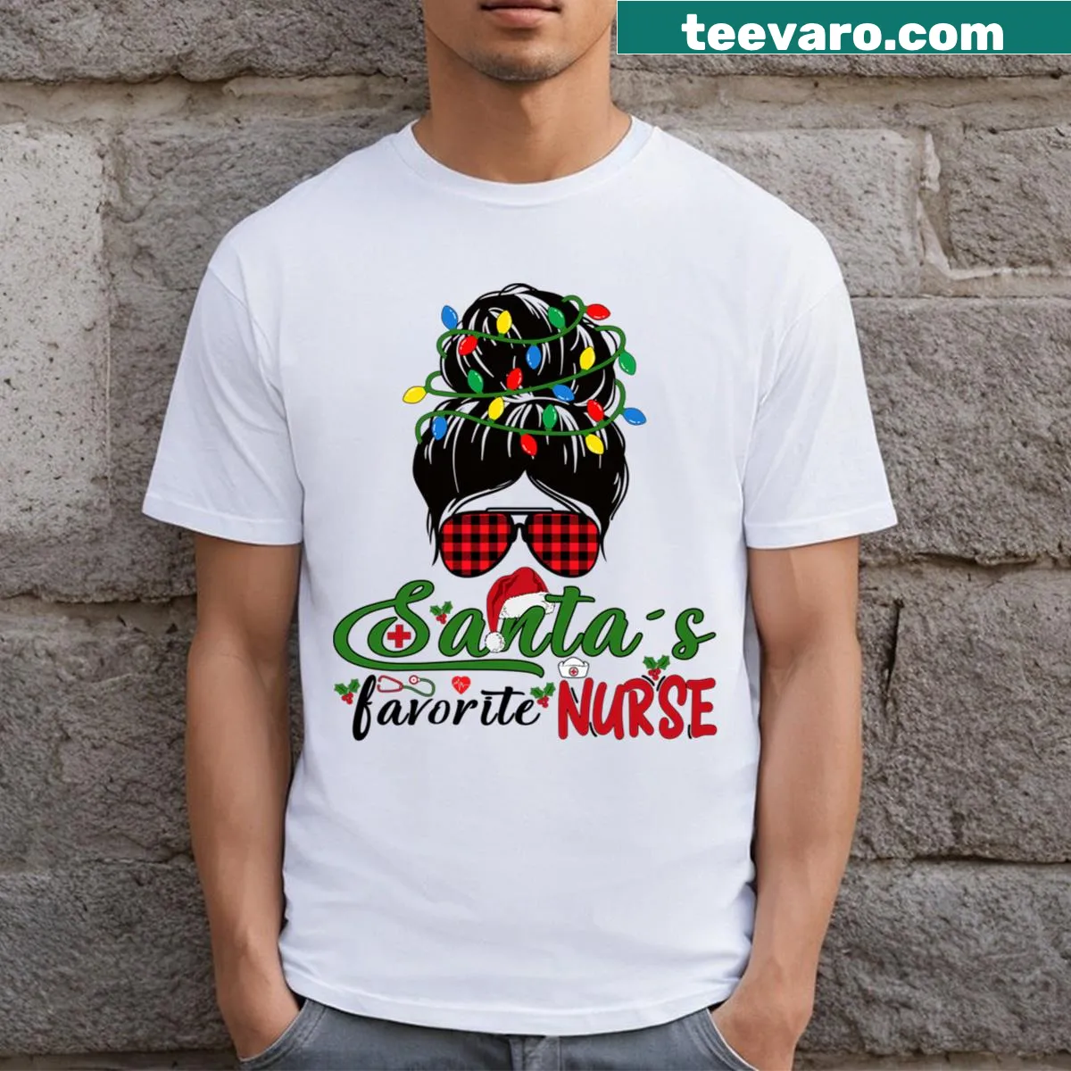 Illustration of Santa's favorite nurse with Christmas lights T-shirt — on a men's t-shirt