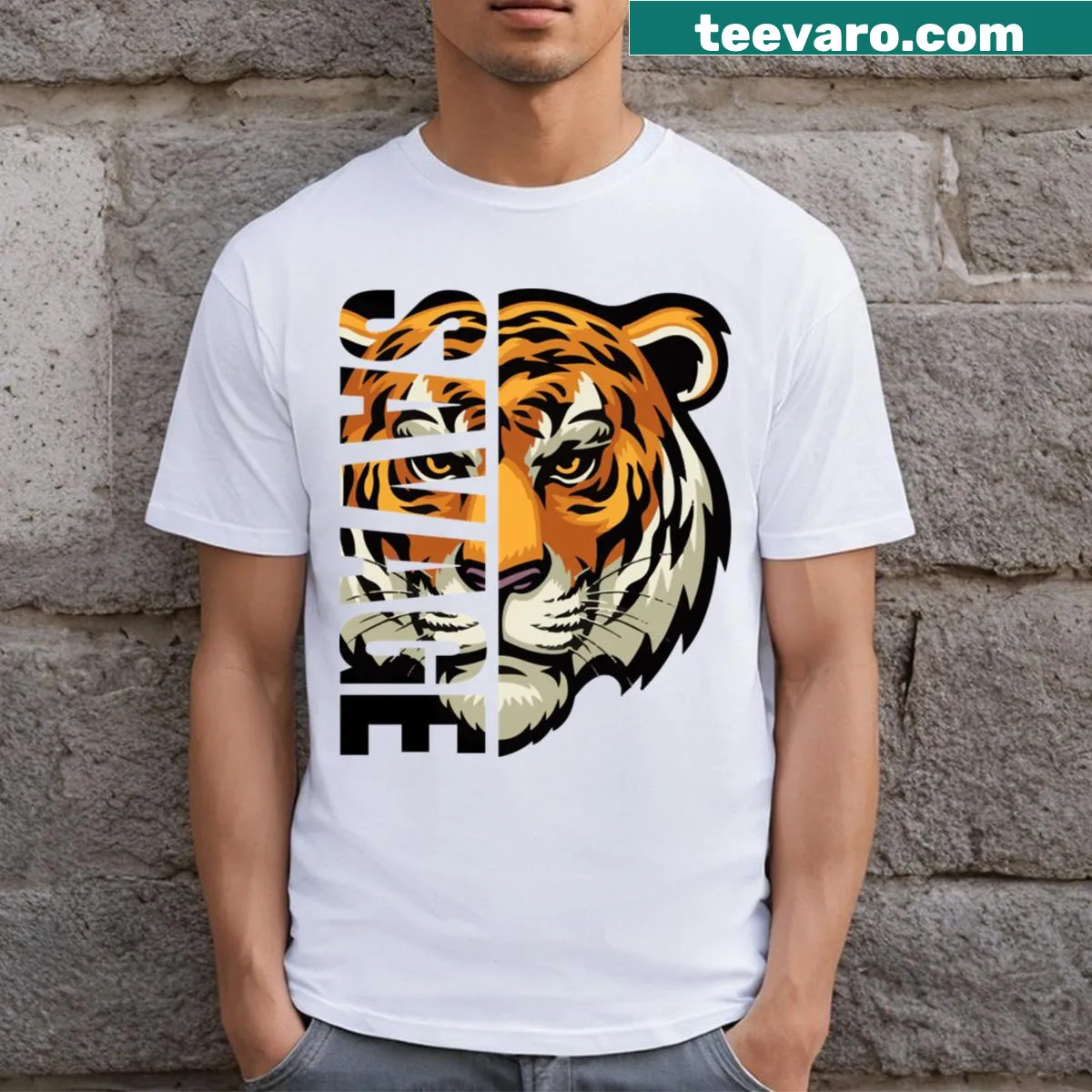 Savage Tiger graphic with edgy text on a T-shirt — on a men's t-shirt