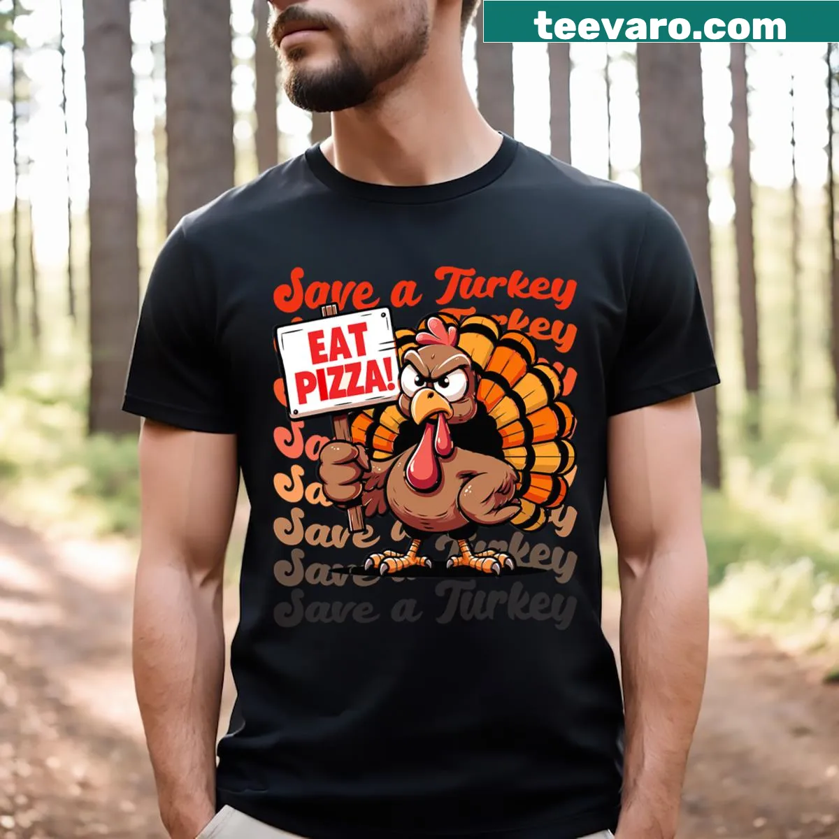 Groovy Thanksgiving t-shirt with humorous pizza and turkey design — on a men's t-shirt