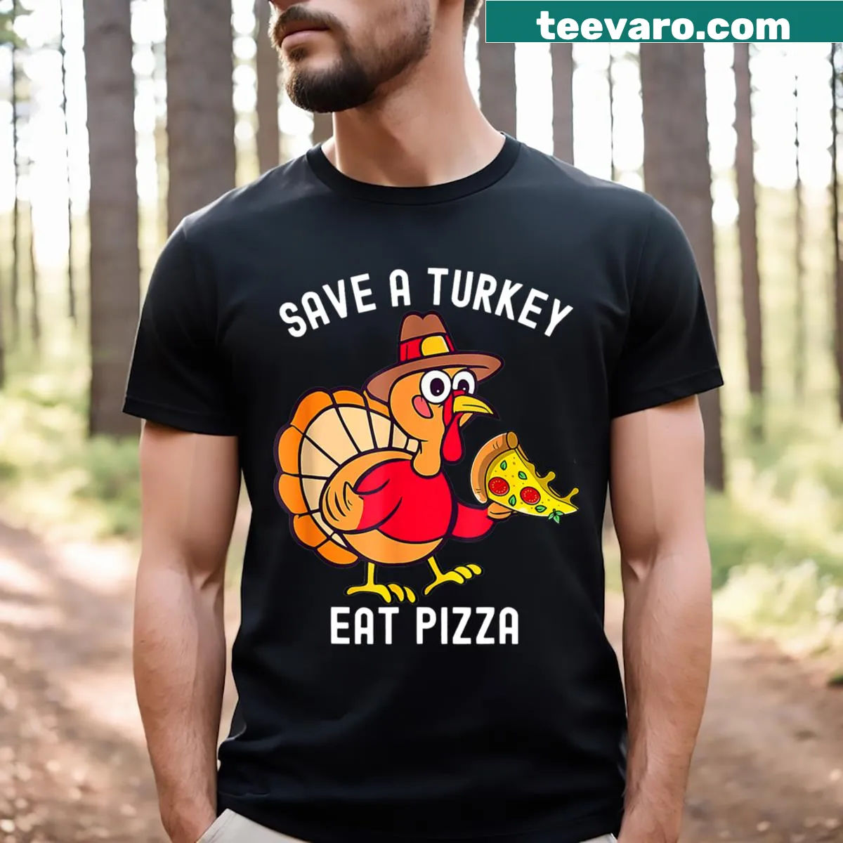 Funny Thanksgiving t-shirt promoting pizza over turkey — on a men's t-shirt