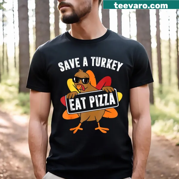 Humorous pizza-themed Thanksgiving design on a t-shirt