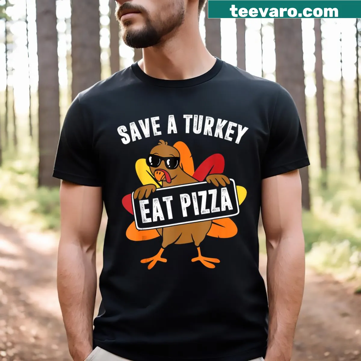 Humorous pizza-themed Thanksgiving design on a t-shirt — on a men's t-shirt